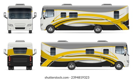 RV motorhome wrap vector mockup on white for vehicle branding, corporate identity. View from side, front and back. All elements in the groups on separate layers for easy editing and recolor.