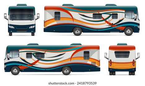 RV motorhome wrap vector mockup on white for vehicle branding, corporate identity. View from side, front and back. All elements in the groups on separate layers for easy editing and recolor.