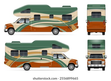 RV motorhome wrap vector mockup on white for vehicle branding, corporate identity. View from the side, front and back. All elements in the groups are in separate layers for easy editing and recolor.