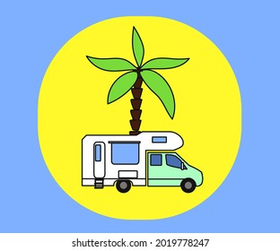 RV and nature. House on wheels. Cartoon and logo. Vector illustration.