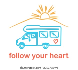 RV and nature. Linear silhouette. Vector illustration.