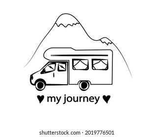 RV and nature. Linear silhouette. Vector illustration.