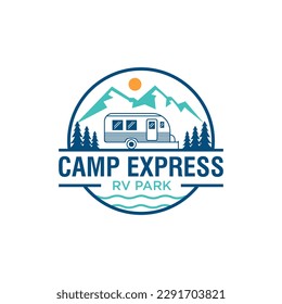 Rv Park caravan Camp with evergreen fir pine tree and mountain lake, landscape nature illustration logo design inspiration