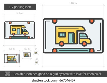 RV parking vector line icon isolated on white background. RV parking line icon for infographic, website or app. Scalable icon designed on a grid system.