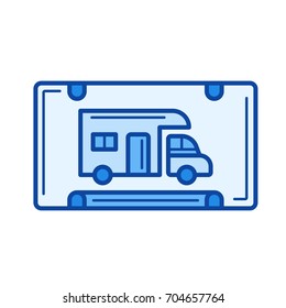 Icono de línea vectorial de estacionamiento RV aislado en fondo blanco. Icono de la línea de estacionamiento de RV para infografía, sitio web o aplicación. Icono azul diseñado en un sistema de cuadrícula.