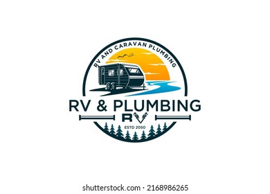 RV and plumbing logo recreational vehicle design river lake sunset emblem badge style holiday vacation