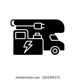 RV power generators black glyph icon. Electricity supply. Portable technology for trailer. Roadtrip gear. Nomadic lifestyle. Silhouette symbol on white space. Vector isolated illustration