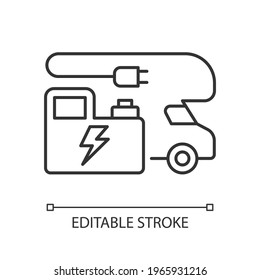 RV power generators linear icon. Electricity supply. Portable technology for trailer. Thin line customizable illustration. Contour symbol. Vector isolated outline drawing. Editable stroke