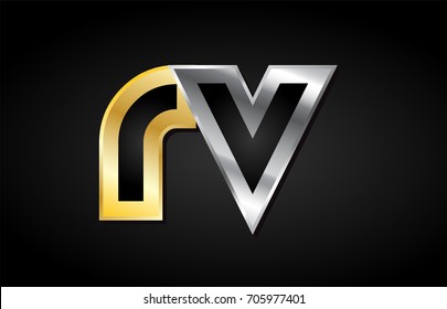 RV R V gold golden silver alphabet letter metal metallic grey black white background combination join joined together logo vector creative company identity icon design template modern