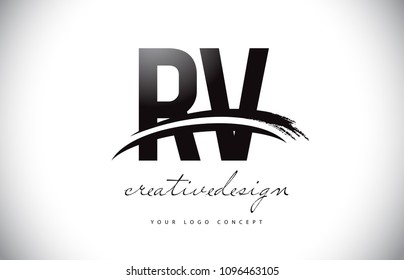 RV R V Letter Logo Design with Swoosh and Black Brush Stroke. Modern Creative Brush Stroke Letters Vector Logo