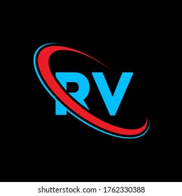 RV R V letter logo design. Initial letter RV linked circle uppercase monogram logo red and blue. RV logo, R V design. rv, r v