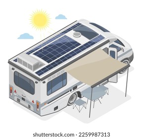 RV Recreational vehicle camper motor home with Flexible Solar Panels install on roof illustration isometric isolated vector 