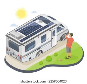 RV Recreational vehicle Flexible Solar Panels Film install on Roof installation service illustration isometric isolated vector 