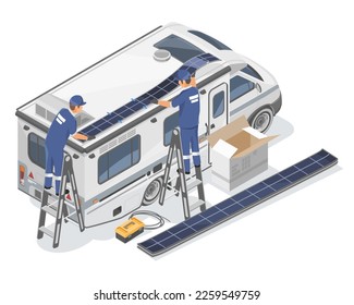 RV Recreational vehicle Flexible Solar Panels Film install service on Roof Technician installation service illustration isometric isolated vector 