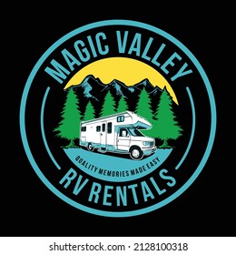 Rv rental logo in the outdoors and mountains