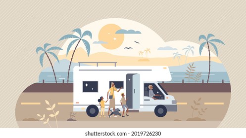 RV road trip scene with travel camper vehicle on road tiny person concept. Family adventure and holiday truck as mobile house for journey vector illustration. Tourism with car for mobility lifestyle.