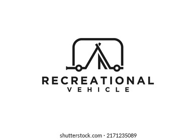 RV With Tent Logo Design Minimalist Line Style, Recreational Vehicle Campfire Campsite Caravan Vacation Modern Icon