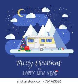 RV Travel Concept. Mobile home at Christmas. Camping caravan trailer in a mountainous winter landscape. Merry Christmas and a Happy New Year vector greeting card in modern flat design. 