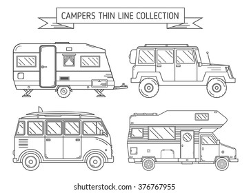 RV travel concept set. Camping trailer family caravan collection. Traveler truck campsite place landscape.  Tourist bus, SUV, trailer and motorhome in flat. Thin line art icons for website and web