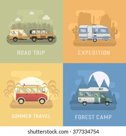 RV travel concept set. Camping trailer family caravan collection. Traveler truck campsite place landscape. Mountains, desert, sea beach and road trip. Tourist bus, SUV, motorhome and trailer campers.