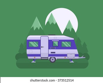  RV Travel Concept. Traveler Truck Campsite Place Landscape. Summertime Camper Trailering. National Mountain Park Camping Scene With Family Trailer Caravan At Night.