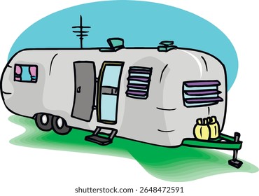 RV, travel trailer, camper, motor home, line art, black and white, illustration, recreational vehicle, fifth wheel, van camper, vintage 11