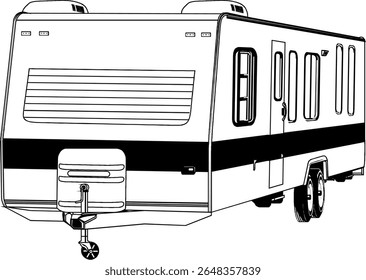 RV, reboque de viagem, campista, motorhome, arte de linha, preto e branco, ilustração, veículo recreativo, quinta roda, van camper, vintage RV6