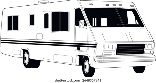 RV, reboque de viagem, campista, motorhome, arte de linha, preto e branco, ilustração, veículo recreativo, quinta roda, van camper, vintage RV11