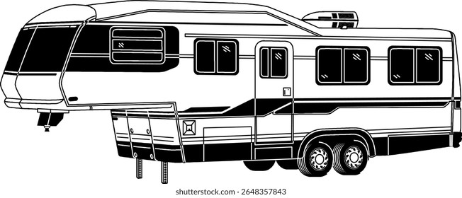 RV, reboque de viagem, campista, motorhome, arte de linha, preto e branco, ilustração, veículo recreativo, quinta roda, van camper, vintage RV8
