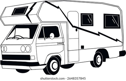 RV, reboque de viagem, campista, motorhome, arte de linha, preto e branco, ilustração, veículo recreativo, quinta roda, van camper, vintage RV13