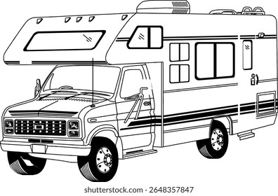 RV, reboque de viagem, campista, motorhome, arte de linha, preto e branco, ilustração, veículo recreativo, quinta roda, van camper, vintage RV15