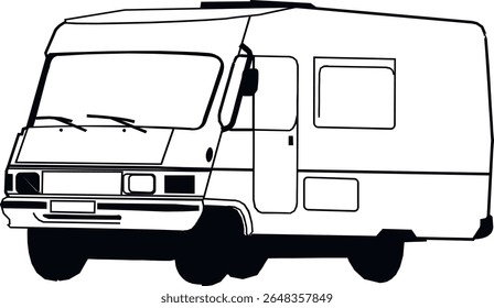 RV, reboque de viagem, campista, motorhome, arte de linha, preto e branco, ilustração, veículo recreativo, quinta roda, van camper, vintage RV9