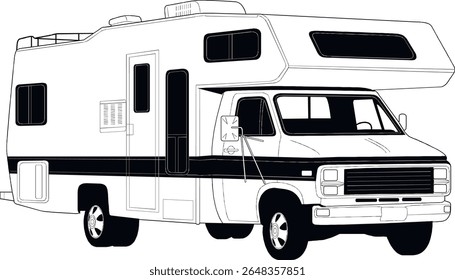 RV, reboque de viagem, campista, motorhome, arte de linha, preto e branco, ilustração, veículo recreativo, quinta roda, van camper, vintage RV12
