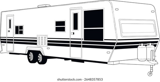 RV, reboque de viagem, campista, motorhome, arte de linha, preto e branco, ilustração, veículo recreativo, quinta roda, van camper, vintage RV3