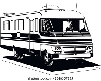 RV, reboque de viagem, campista, motorhome, arte de linha, preto e branco, ilustração, veículo recreativo, quinta roda, van camper, vintage RV5