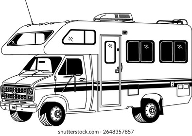 RV, reboque de viagem, campista, motorhome, arte de linha, preto e branco, ilustração, veículo recreativo, quinta roda, van camper, vintage RV1