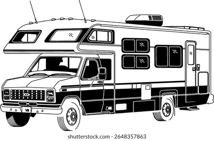 RV, travel trailer, camper, motorhome, line art, black and white, illustration, recreational vehicle, fifth wheel, van camper, vintage RV14