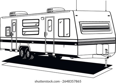RV, reboque de viagem, campista, motorhome, arte de linha, preto e branco, ilustração, veículo recreativo, quinta roda, van camper, vintage RV7