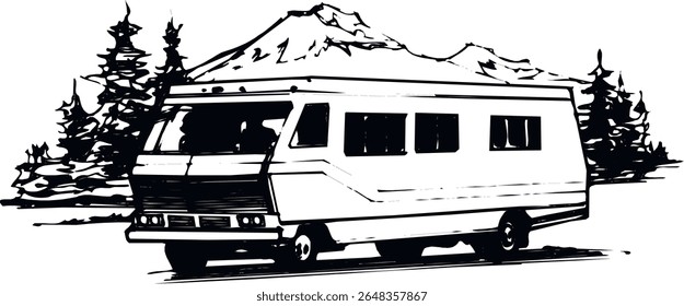 RV, reboque de viagem, campista, motorhome, arte de linha, preto e branco, ilustração, veículo recreativo, quinta roda, van camper, vintage RV4