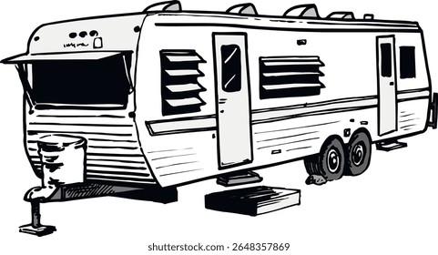 RV, reboque de viagem, campista, motorhome, arte de linha, preto e branco, ilustração, veículo recreativo, quinta roda, van camper, vintage RV2