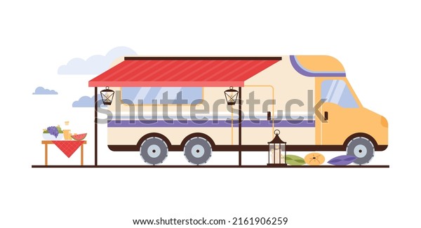 RV travel trailer parked\
at campsite with table served for picnic, flat vector illustration\
isolated on white background. Recreational vehicle for vacation in\
nature.