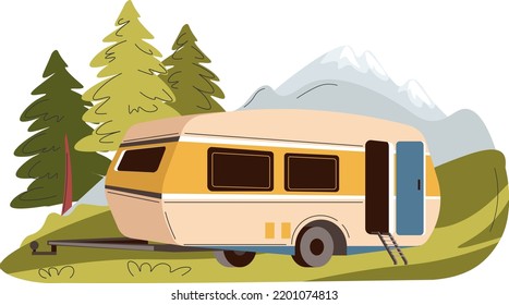 RV For Traveling, Camper Van With Conveniences For Trips In Summer. Minivan With Sleeping Space, Small Bus For People To Spend Weekends On Road. Caravan By The Mountains. Vector In Flat Style