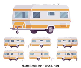 RV Vintage Style Camper, Travel Trailer For Outdoor Adventures. Functional Vacation Van, Camping Experience And Caravanning Family Lifestyle. Vector Flat Style Cartoon Illustration, Different Views