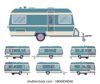 RV vintage style camper, travel trailer for outdoor adventures. Functional vacation van, camping experience and caravanning family lifestyle. Vector flat style cartoon illustration, different views