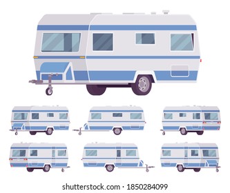 RV vintage style camper, travel trailer for outdoor adventures. Functional vacation van, camping experience and caravanning family lifestyle. Vector flat style cartoon illustration, different views