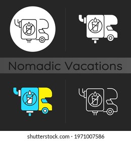 RV wastewater tanks dark theme icon. Freshwater holding container for recreational vehicle. Roadtrip gear. Linear white, simple glyph and RGB color styles. Isolated vector illustrations