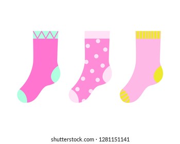 RVB de base. Vector illustration of set of kid colorful socks. Doted and striped pink socks for girl.