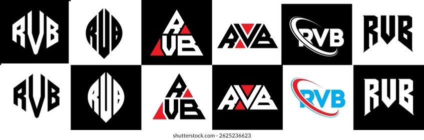 RVB letter logo design in six style. RVB polygon, circle, triangle, hexagon, flat and simple style with black and white color variation letter logo set in one artboard. RVB minimalist and classic logo