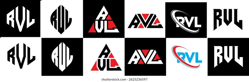 RVL letter logo design in six style. RVL polygon, circle, triangle, hexagon, flat and simple style with black and white color variation letter logo set in one artboard. RVL minimalist and classic logo