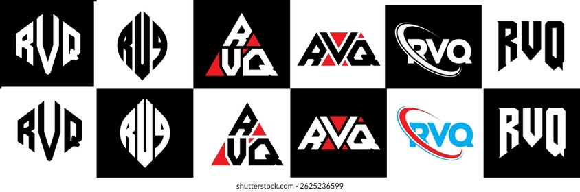 Design de logotipo de letra RVQ em estilo seis. Polígono RVQ, círculo, triângulo, hexágono, estilo simples e plano com logotipo de letra de variação de cor preto e branco definido em uma prancheta. RVQ minimalista e logotipo clássico